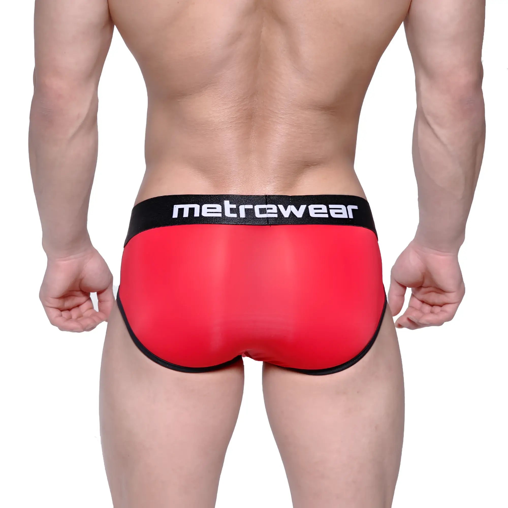 Red metrowear max bulge briefs featuring black trim and waistband designed for comfort and support