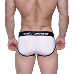 White metrewear briefs with black trim and waistband from MetroMaleWear max bulge brief 1503-00 product line