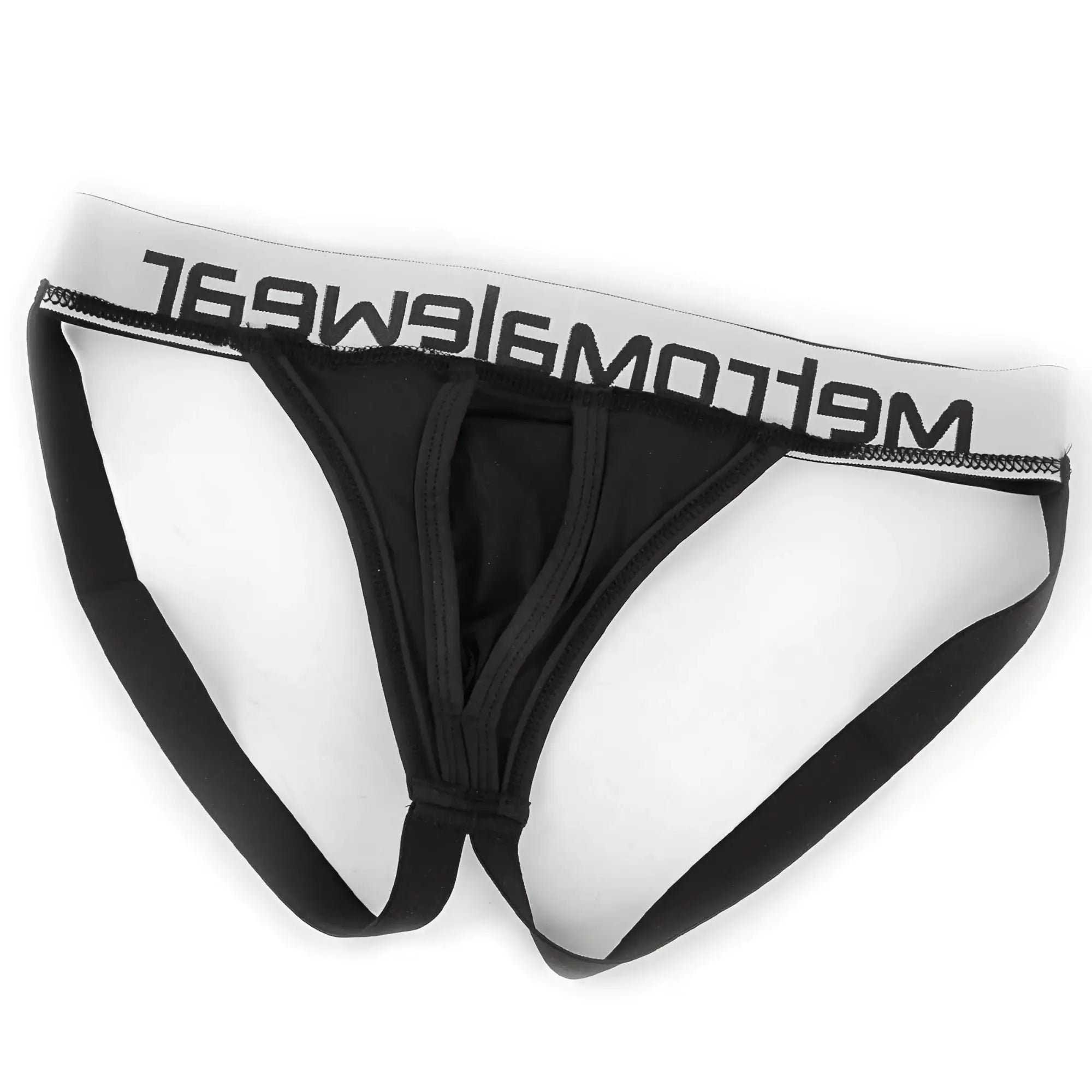 Black mens briefs with white waistband featuring meltom logo in black from metro malewear max bulge jock strap black 1511-20