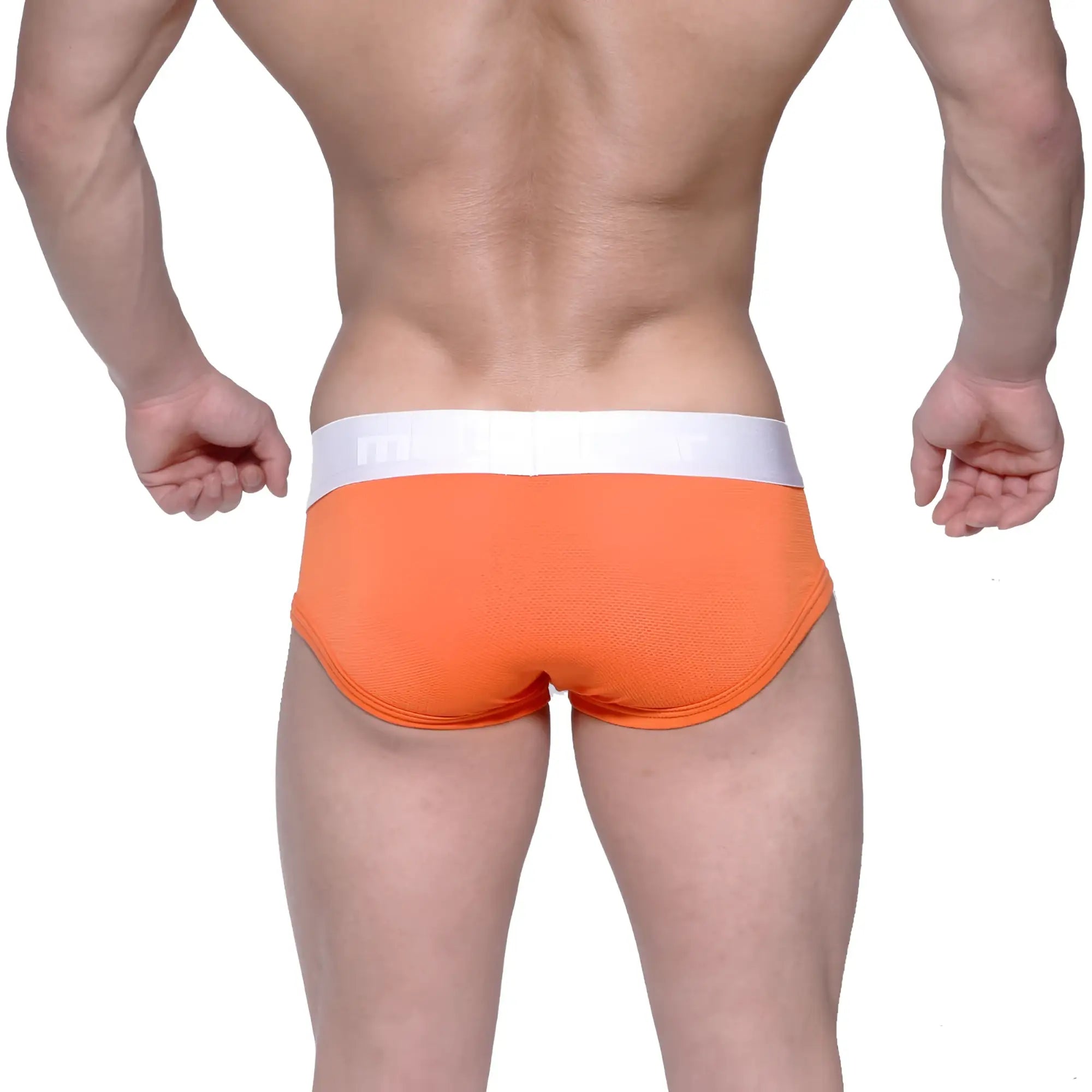 Bright orange metro male wear max contour briefs with white waistband and textured fabric for comfortable fit