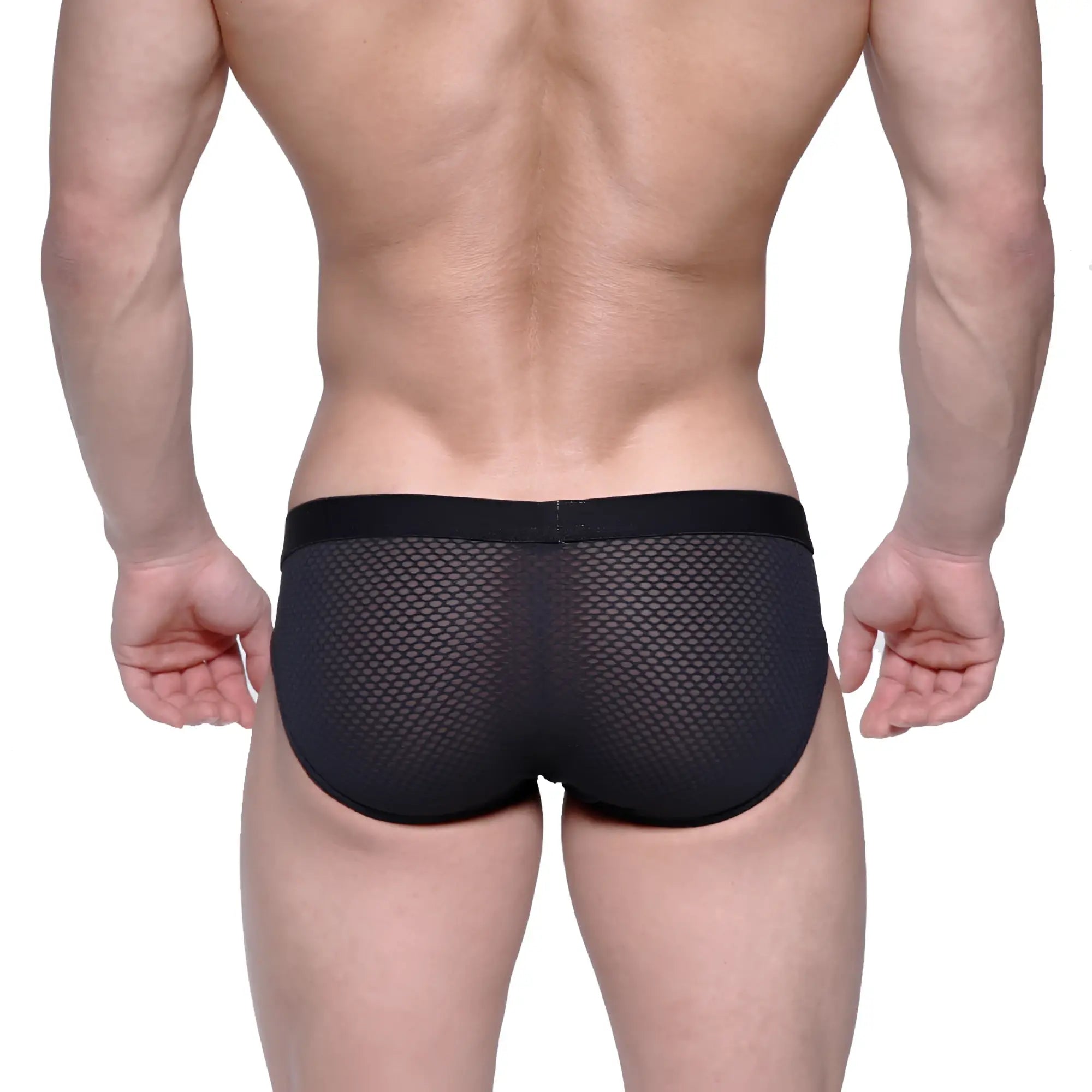 MetroMaleWear Max hip brief in black mesh with solid black waistband showing the front view