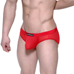 Red mesh metro male wear max hip briefs with black brand label on waistband in vibrant red color