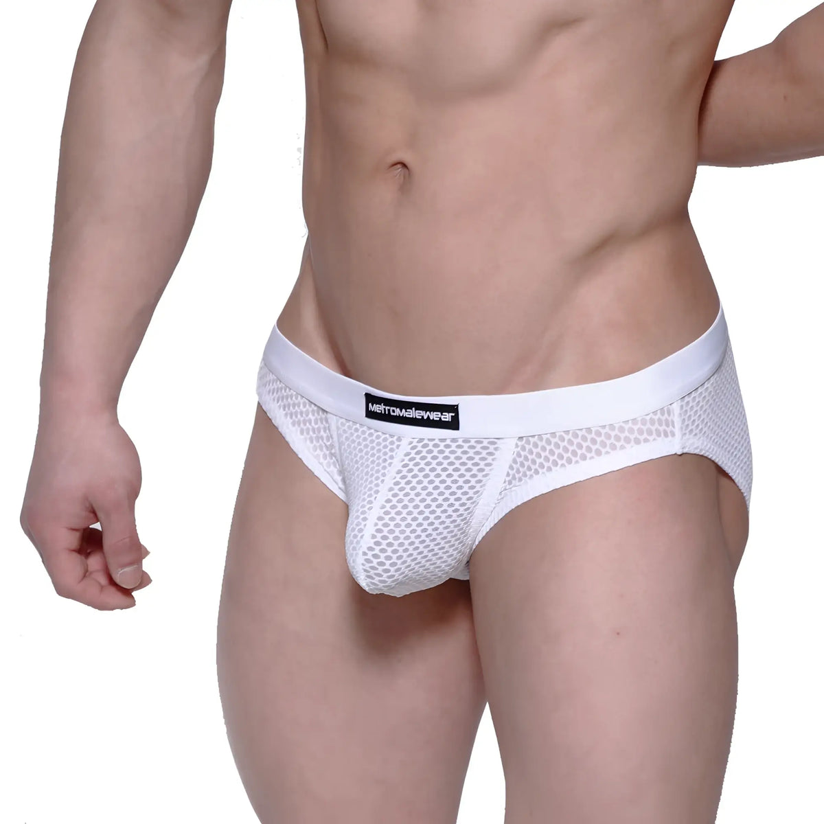 MetroMaleWear Max hip brief white mesh with solid white waistband and metamalewear brand label visible