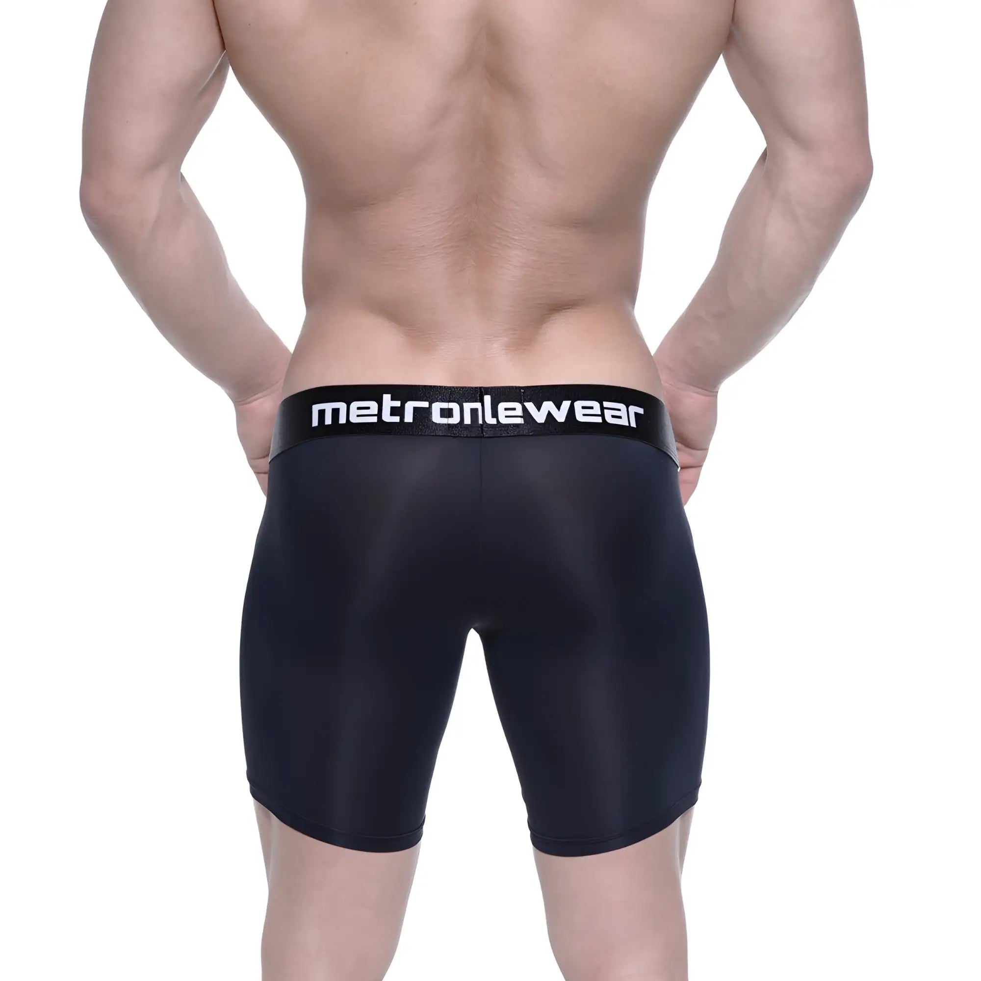 Black metronewear mens compression shorts with sleek form-fitting design and white logo on waistband metro male wear max long boxer