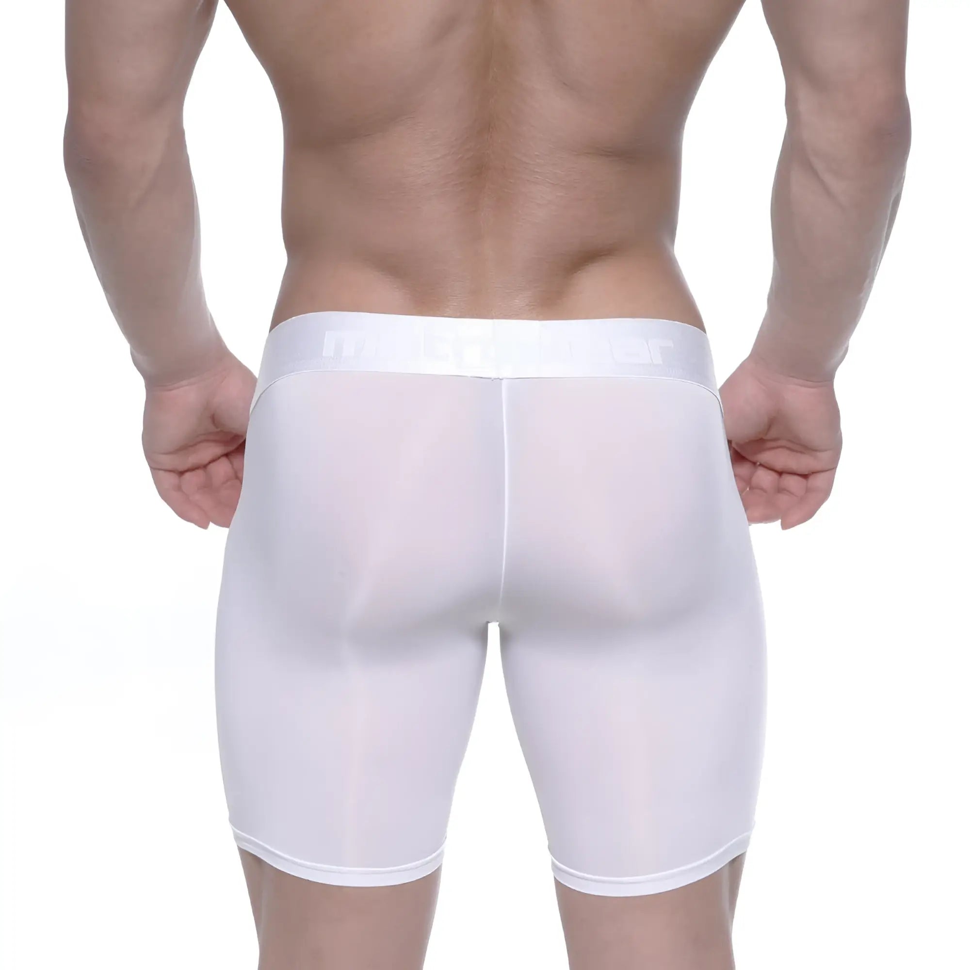 MetroMaleWear Max Long Boxer white men’s sheer mesh boxer briefs with solid white waistband front view