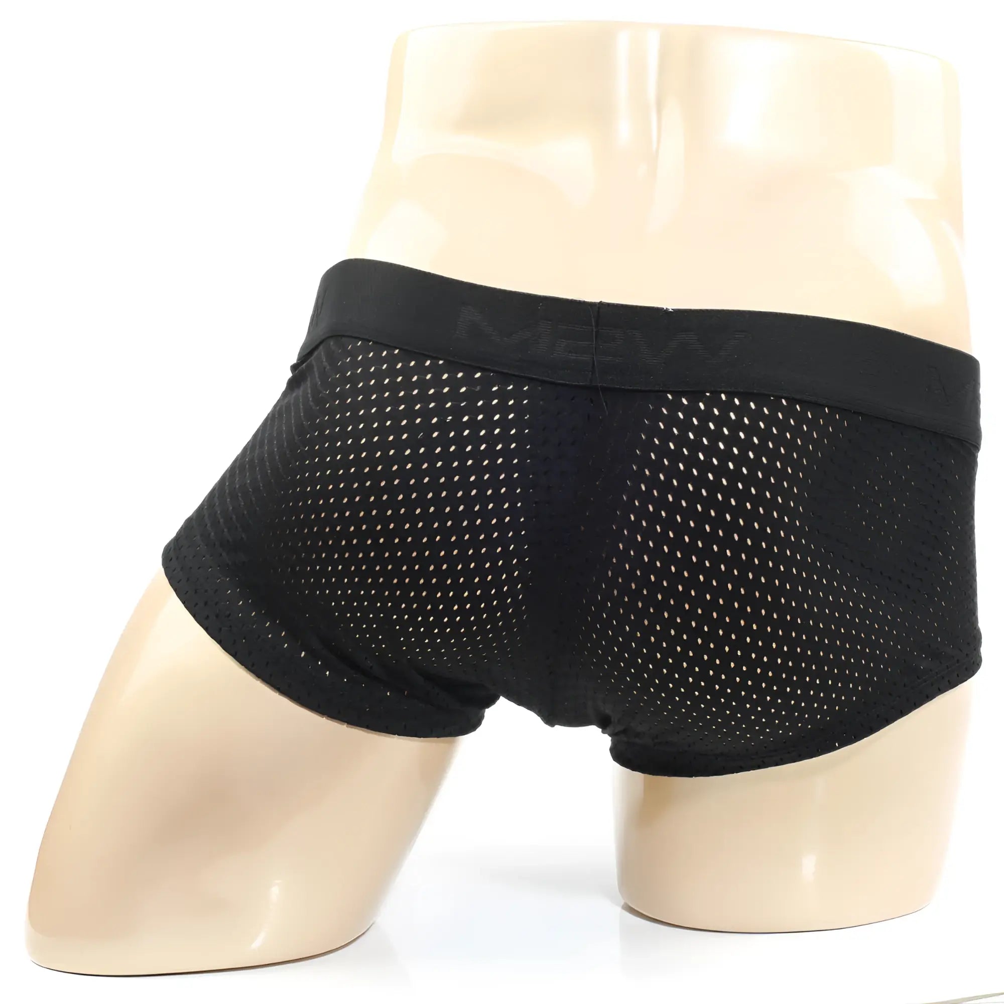Black mesh MetroMaleWear MAX boxer briefs with solid elastic waistband featuring mebw logo in black