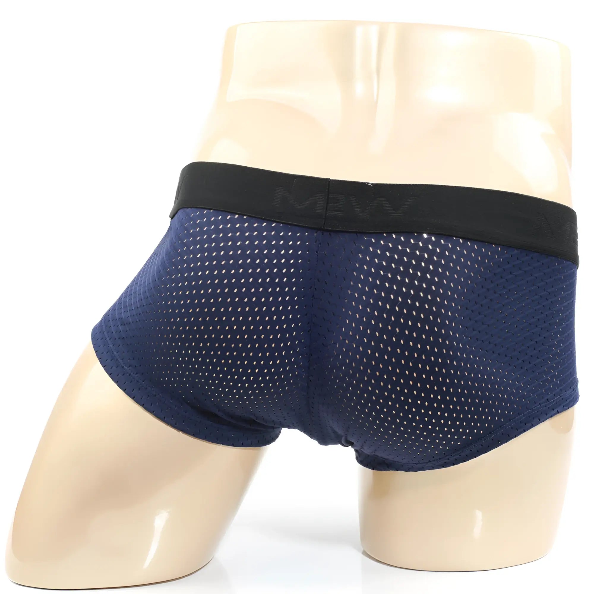 Navy blue mesh boxer briefs with black elastic waistband featuring mevv logo metro malewear max mesh boxer navy 3013-76