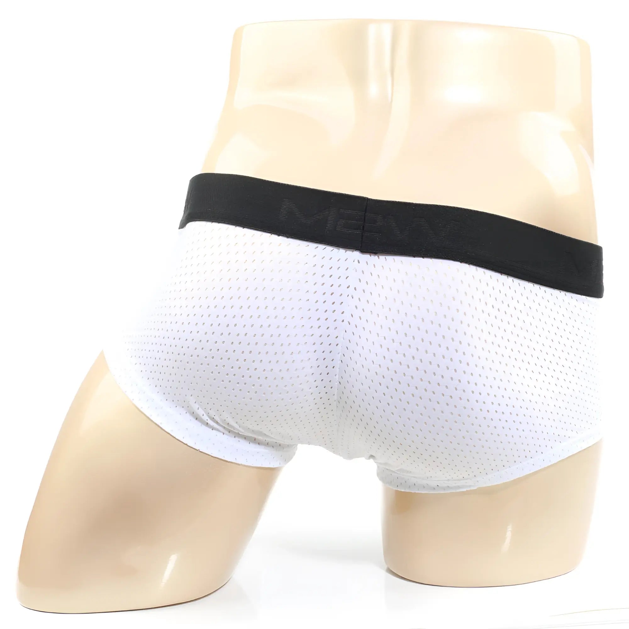 White mesh MetroMaleWear MAX boxer briefs with black elastic waistband featuring mevy brand logo