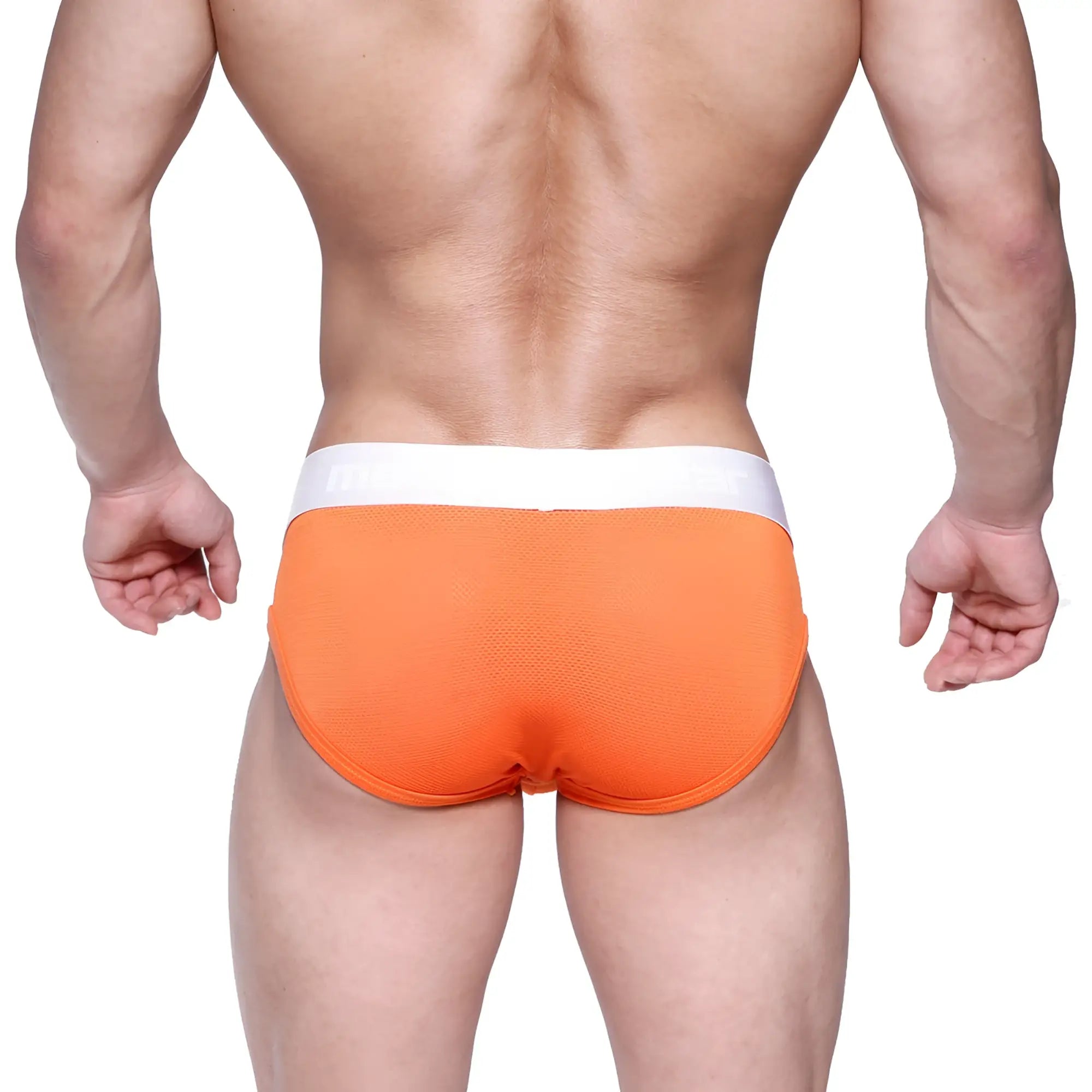 Bright orange mesh briefs with white waistband metroMalewear max mesh hip brief 2103-24 front view