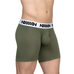 Olive green mesh metro male wear max mid cut boxer briefs with white waistband and black miiow branding khaki 8023-26