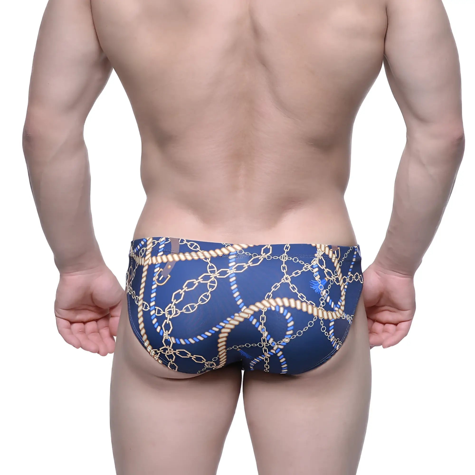 MetroMaleWear mayor bikini 5103-M74 blue swim trunks with a bold gold chains and rope pattern