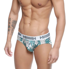 White briefs with tropical green and gray leaf pattern and anis branded waistband metro-male-wear meadow hip brief 5003-56