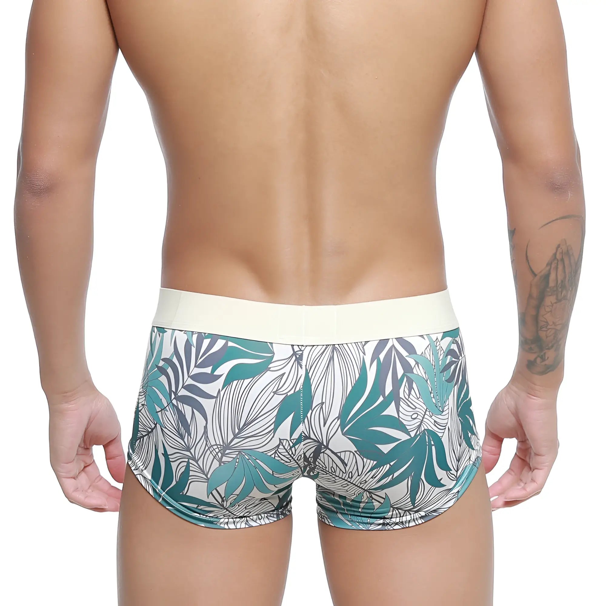 MetroMaleWear Meadow trunk 2026-66 tropical leaf patterned men’s briefs in teal gray white with cream waistband