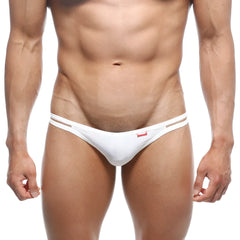 MetroMaleWear medio thong white with thin dual straps and a small red logo on the front