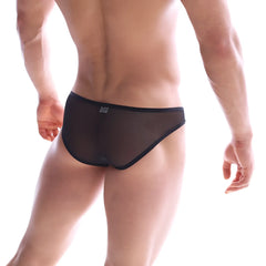 Black sheer mesh briefs with a solid black waistband from metromalewear mesh bikini black 6105-41 product line