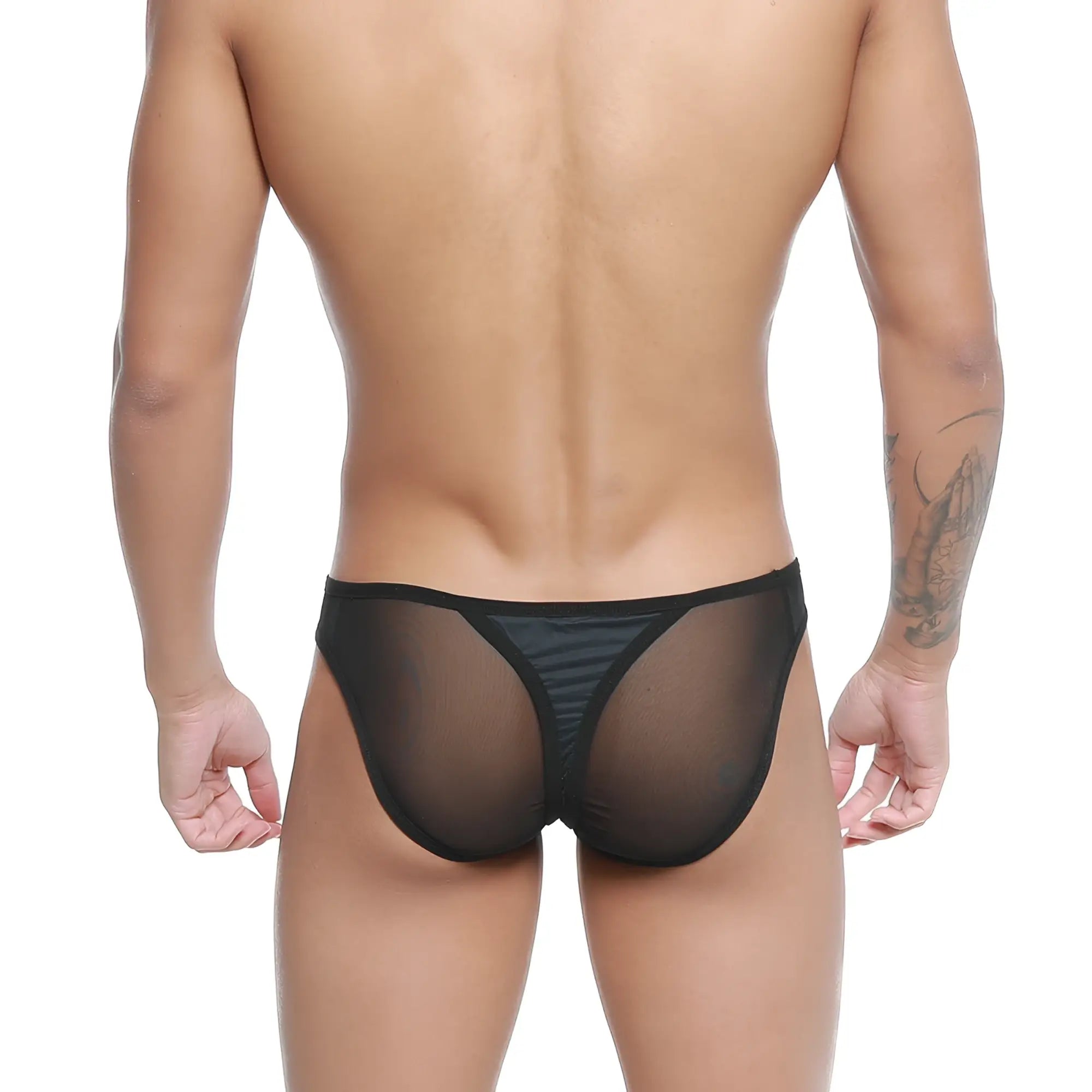 Black sheer mesh briefs with solid black waistband from metromalewear mesh bikini-thong black 2972-20 front view