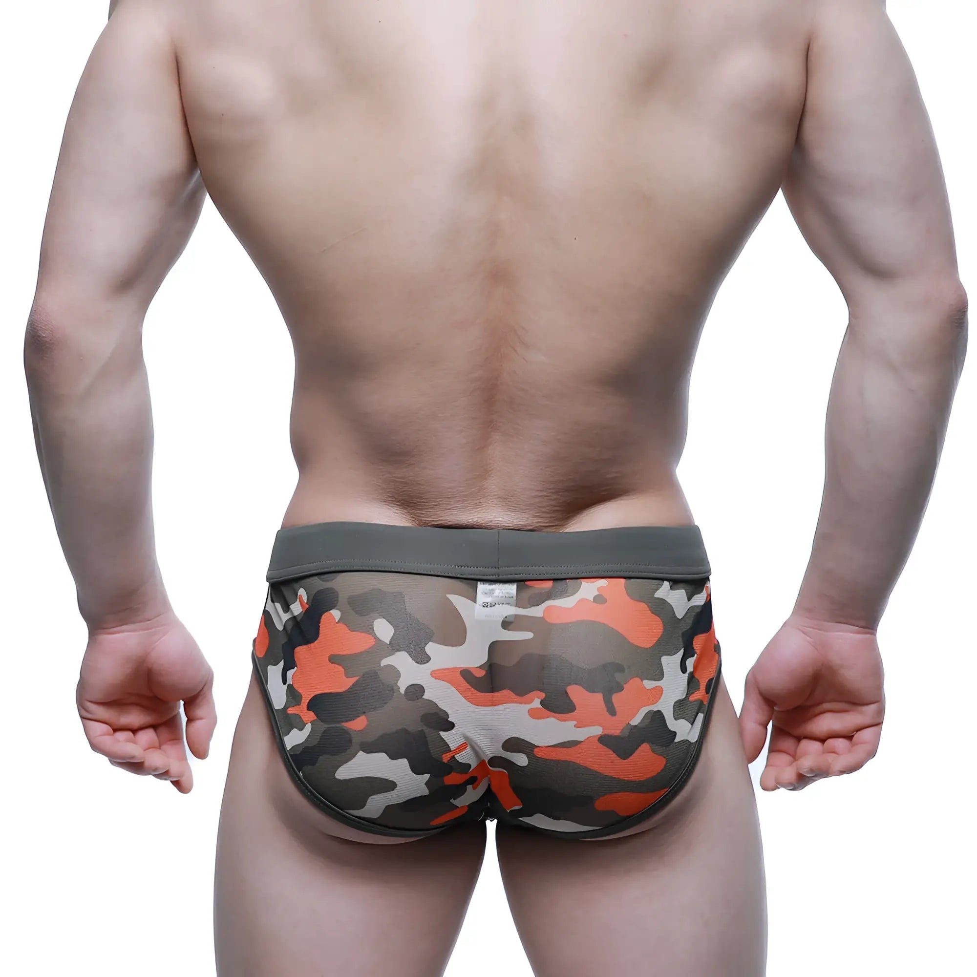 Metro male wear mesh camouflage brief green 5203-91 featuring orange gray and white camo mesh with olive green waistband