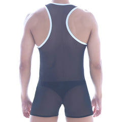 Black sheer mesh wrestling singlet with white trim on straps and waistband metro male wear mesh contrast black 2109-20