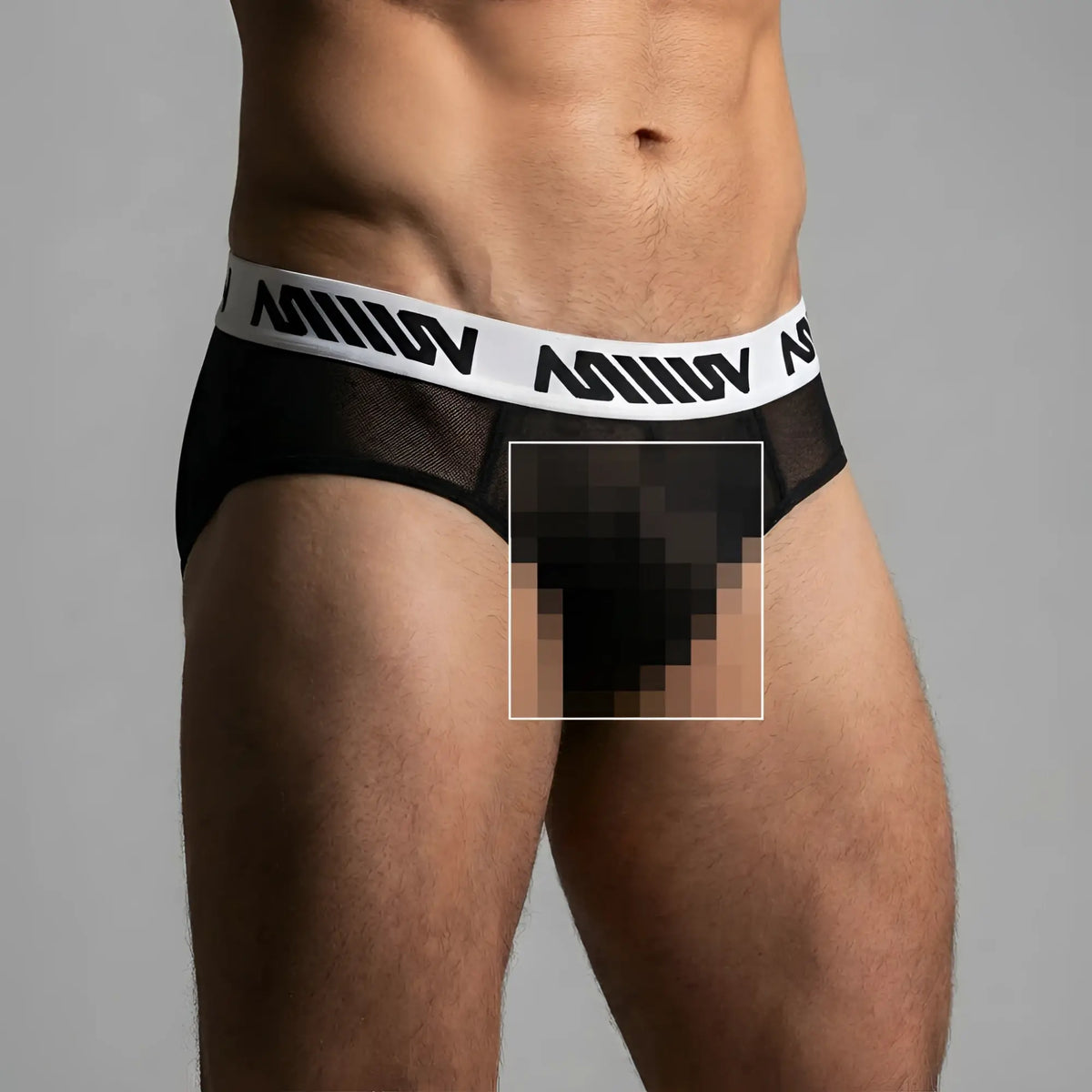 Metro malewear mesh hip brief black 5003-44 in black mesh with white elastic waistband featuring miiow logo