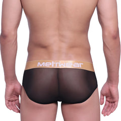 MetroMalewear mesh hip brief black gold label 5003 46 with black sheer mesh and tan waistband with metwear logo