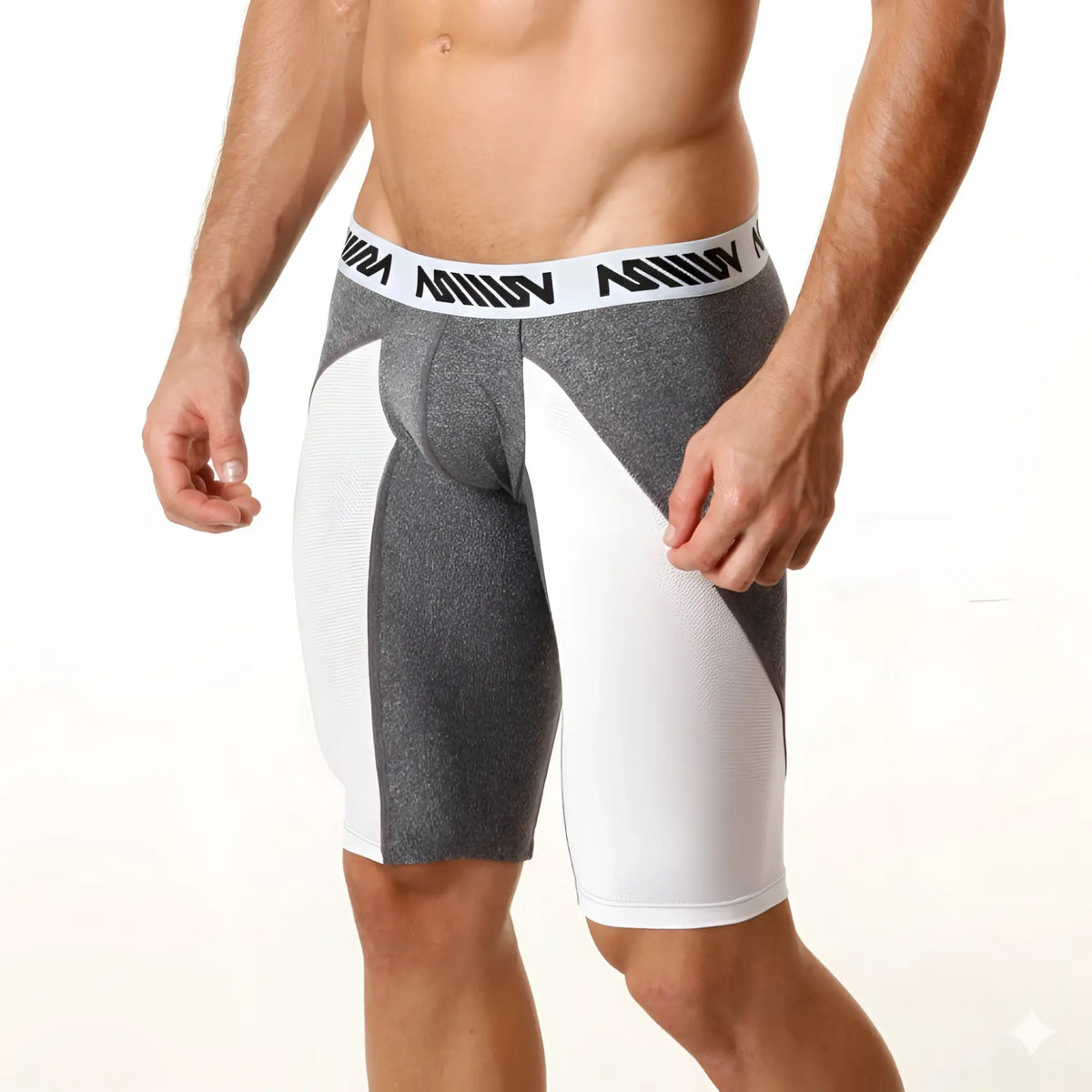 Gray and white MetroMaleWear mesh long shorts with textured fabric and branded waistband 15 inch length 2024-11