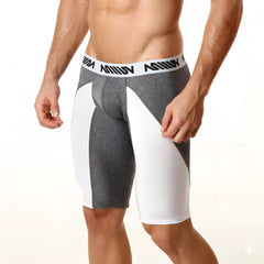 Gray and white MetroMaleWear mesh long shorts with textured fabric and branded waistband 15 inch length 2024-11