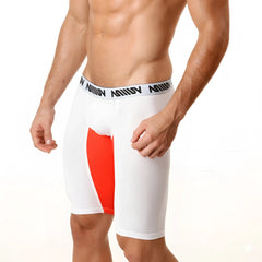 White and red MetroMaleWear Mesh Long Short 15inch athletic briefs with textured mesh fabric and black logo band