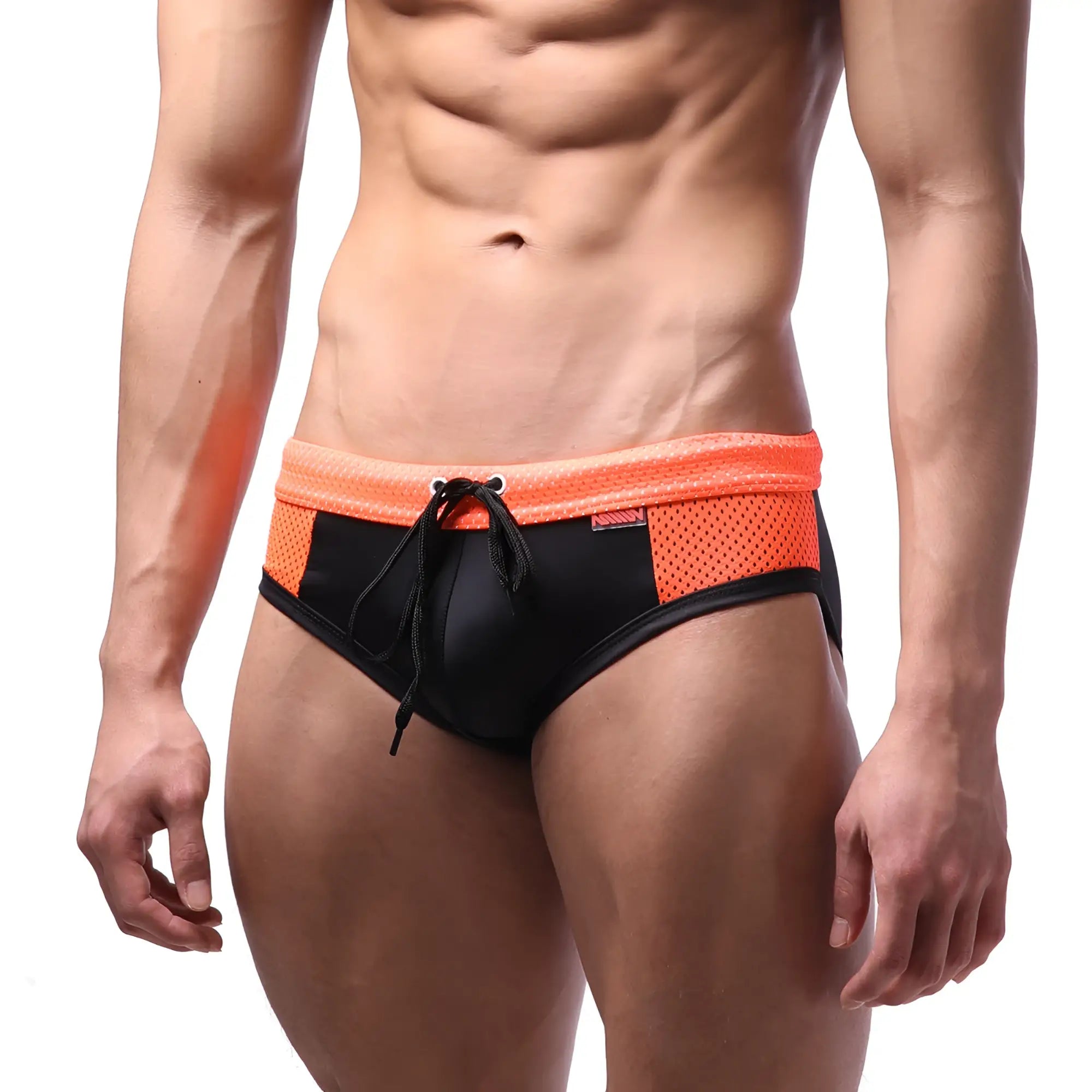 MetroMaleWear mesh swim brief neon orange with black and orange mesh fabric and drawstring waistband