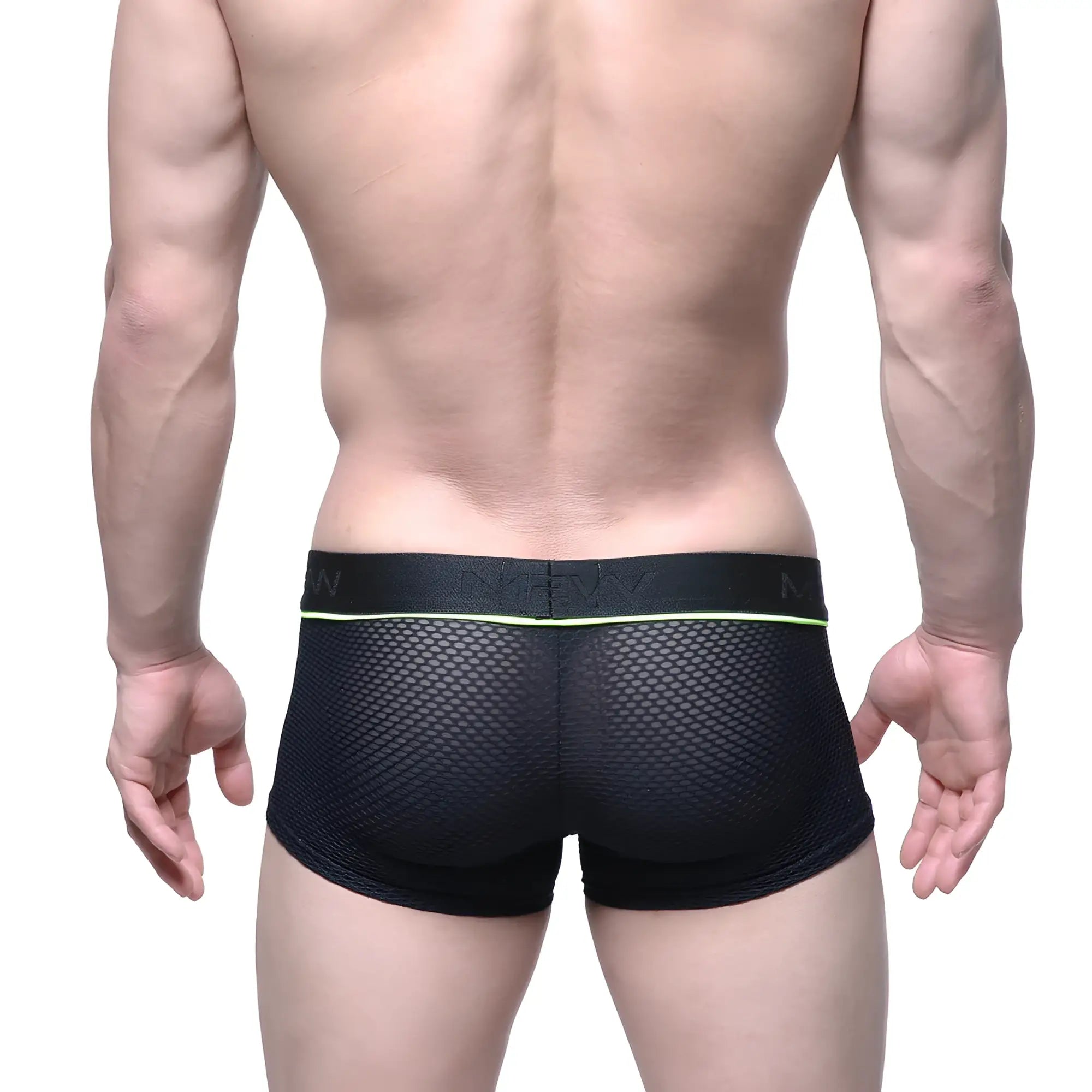 Black mesh briefs with neon green trim and nexx waistband from MetroMaleWear META TRUNK black 2026-75 collection