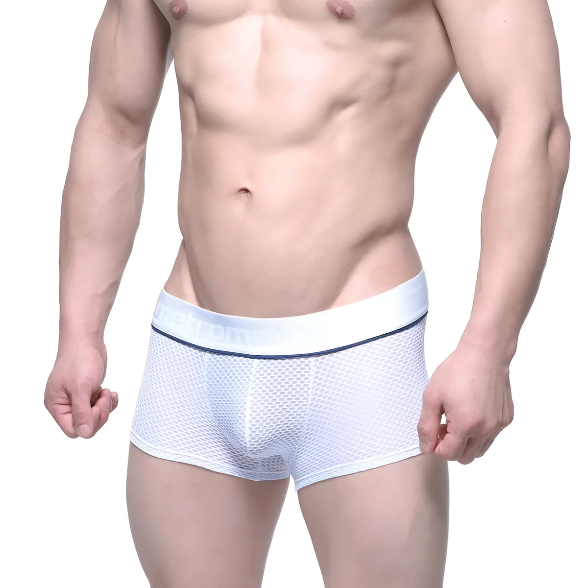 MetroMalewear meta trunk white 2026-76 white mesh briefs with navy blue trim and elastic waistband
