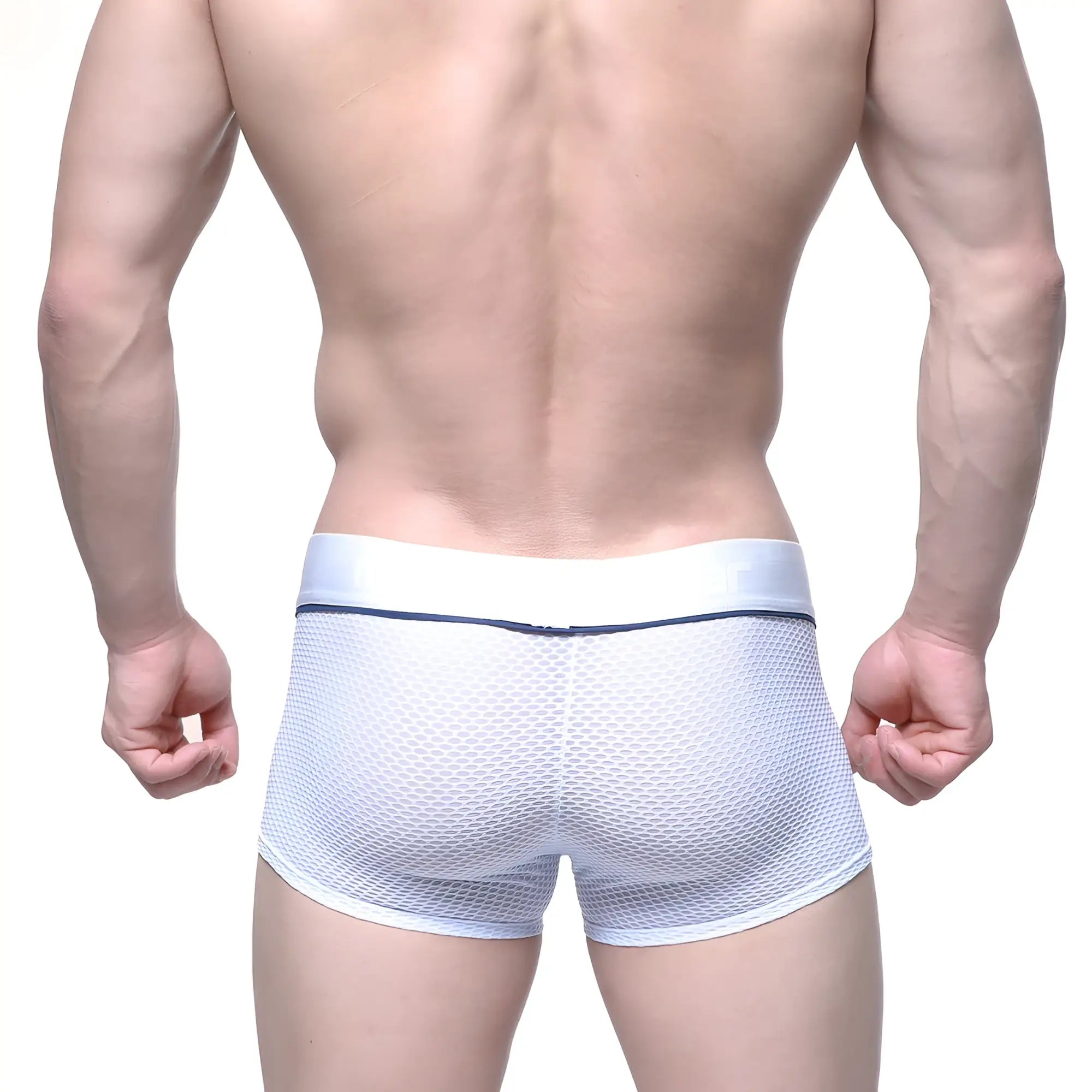White mesh briefs metroMalewear meta trunk white 2026-76 with solid white waistband and thin navy blue trim