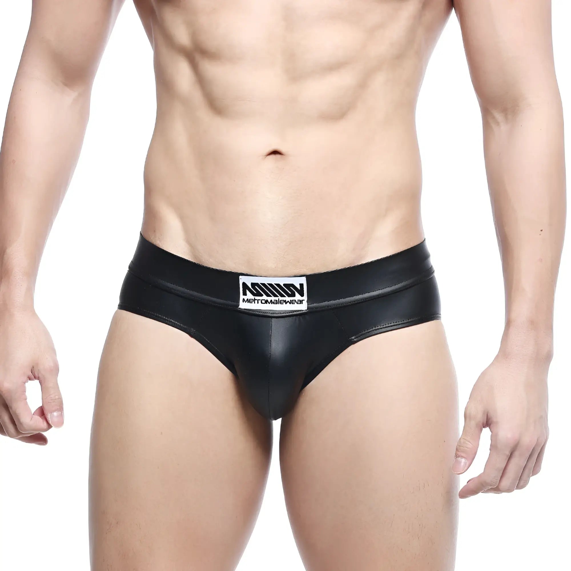 Black shiny faux leather briefs with white metromalewear label metro malewear metal hip brief black 5503-20