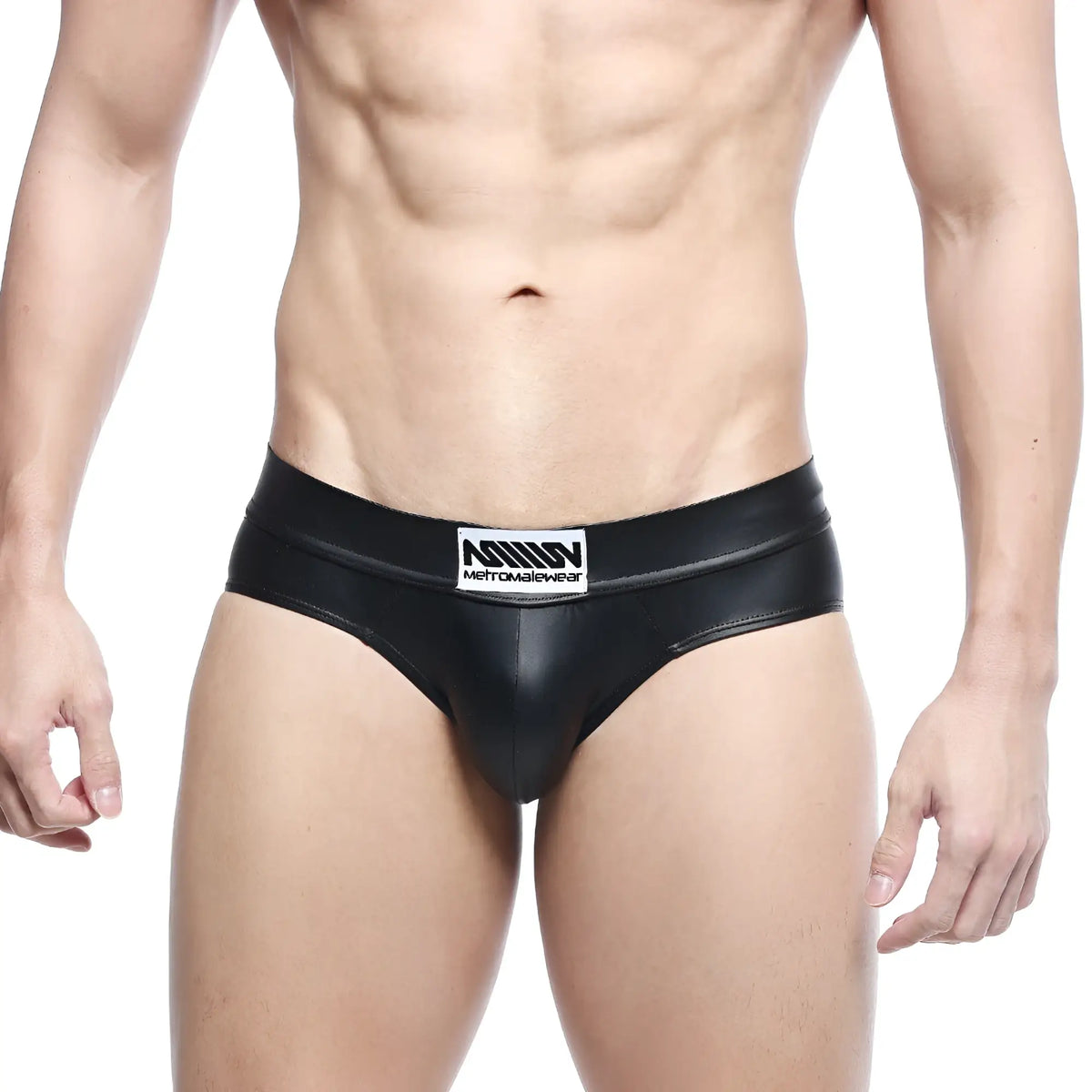 Black shiny faux leather briefs with white metromalewear label metro malewear metal hip brief black 5503-20