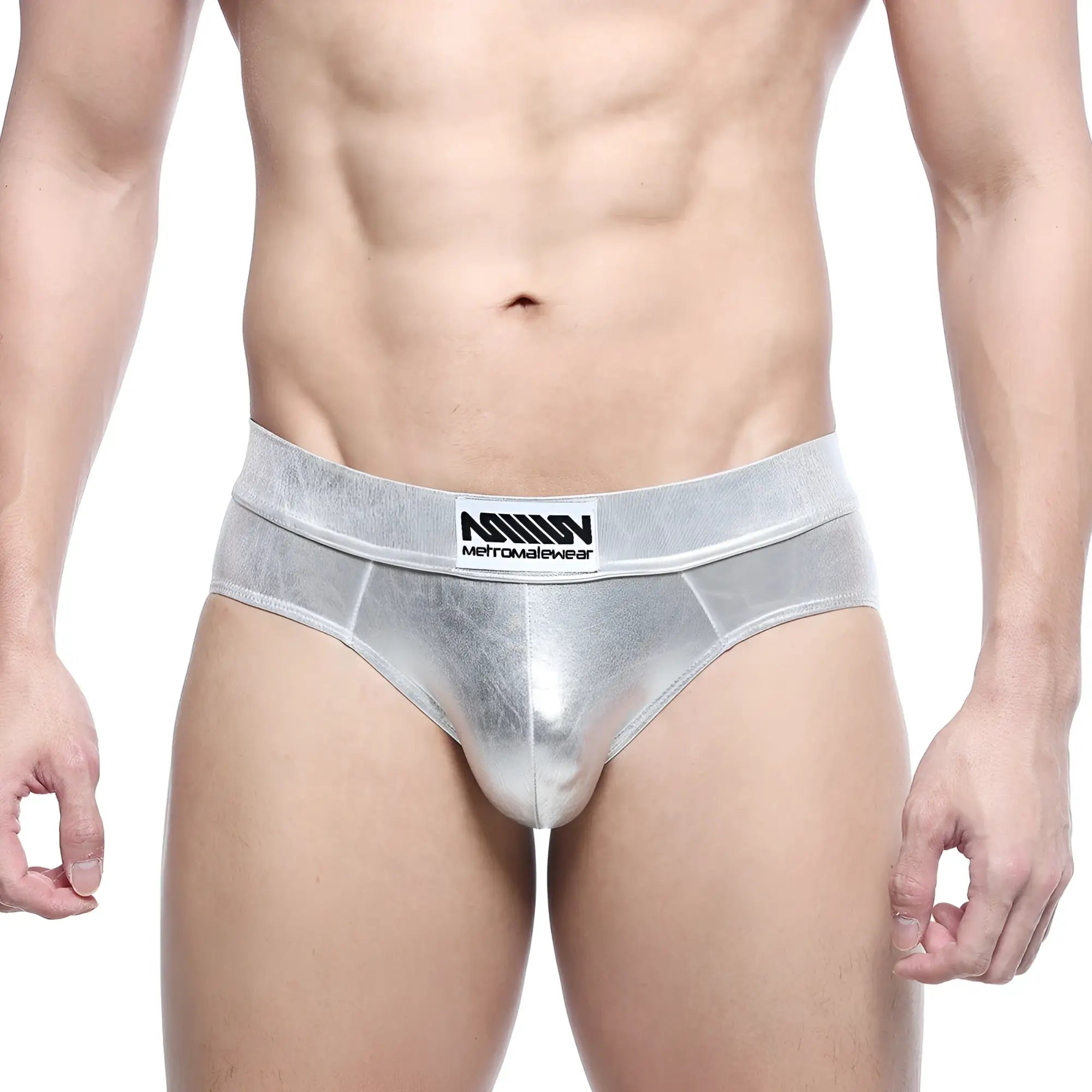 Silver metallic metroMalewear metal hip brief 5503-01 with subtle sheen and branded waistband logo