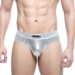 Silver metallic metroMalewear metal hip brief 5503-01 with subtle sheen and branded waistband logo