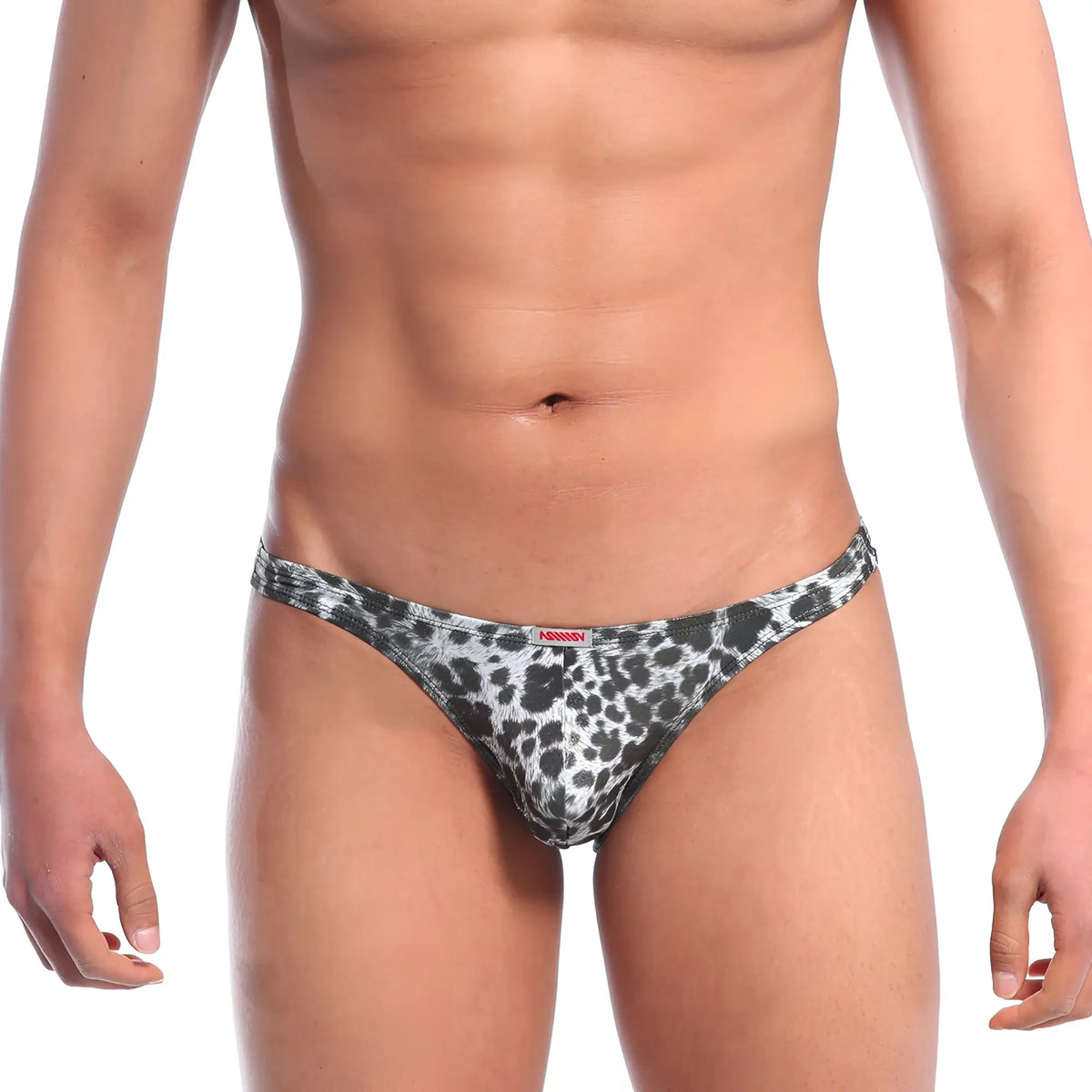Black and white leopard-print men’s thong with red brand tag metro malewear metalic leopard silver bikini 6003-61