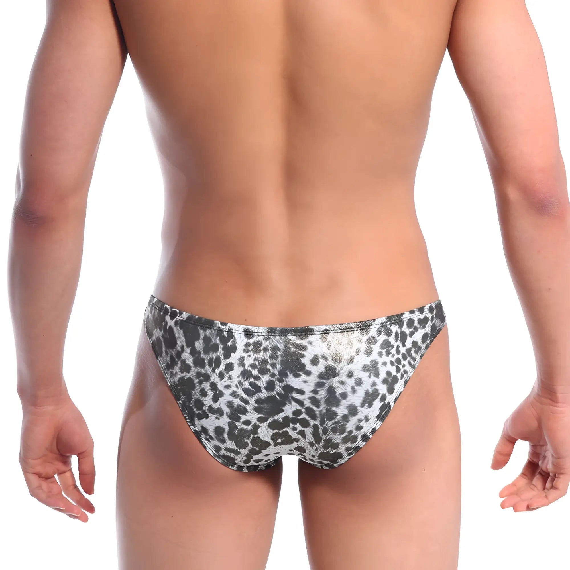 Black and white leopard print swim trunks metallic silver fabric metro male wear bikini 6003-61 front view
