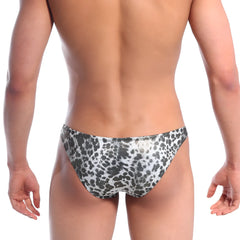 Black and white leopard print swim trunks metallic silver fabric metro male wear bikini 6003-61 front view