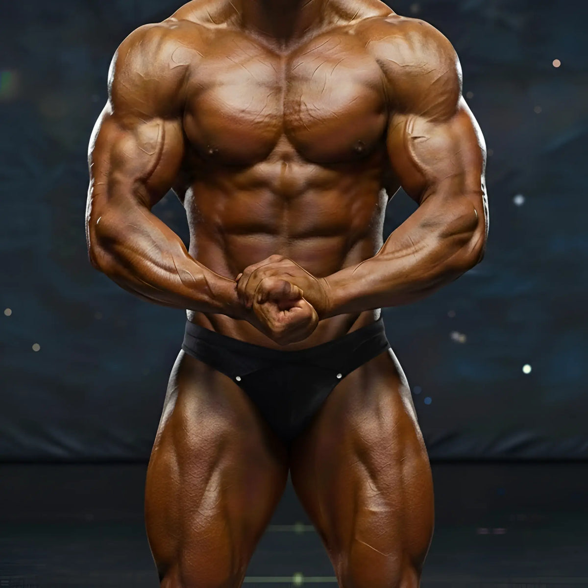 A muscular male bodybuilder wearing black metroMalewear metroMusclewear adam competition briefs showcasing defined muscles