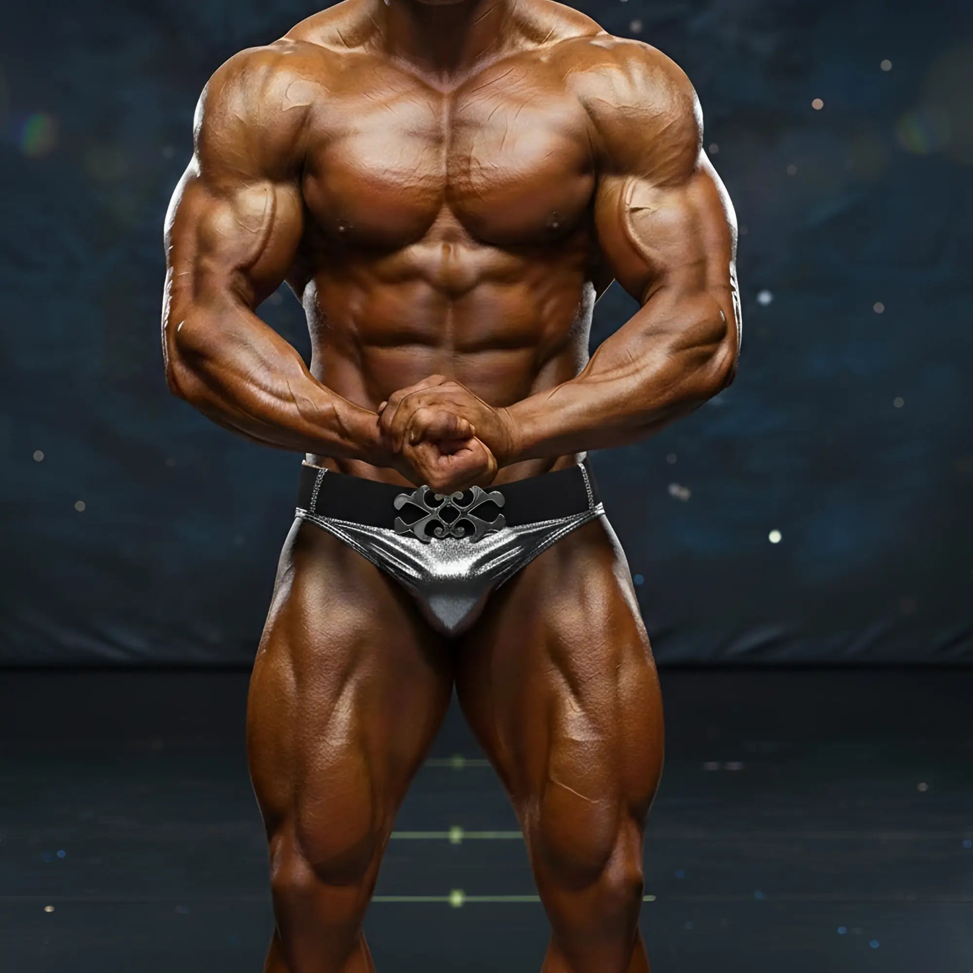 MetroMaleWear MetroMuscleWear Atlantis muscle trunk silver shiny metallic briefs with black belt and ornate metal buckle