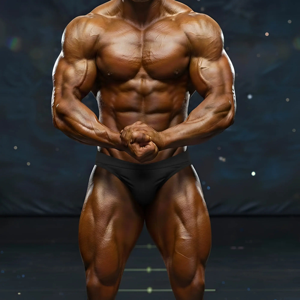 A muscular male bodybuilder wearing a black MetroMaleWear MetroMuscleWear Basic Competition Suit with a defined physique