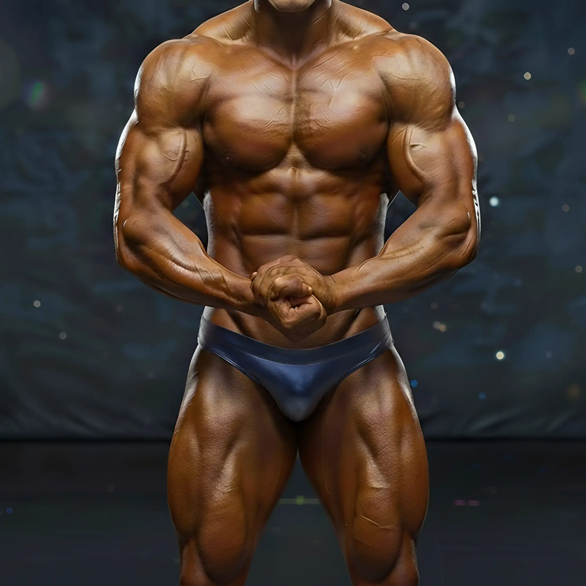 A muscular male bodybuilder wearing dark blue form-fitting MetroMaleWear MetroMuscleWear basic competition briefs