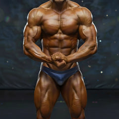 A muscular male bodybuilder wearing dark blue form-fitting MetroMaleWear MetroMuscleWear basic competition briefs