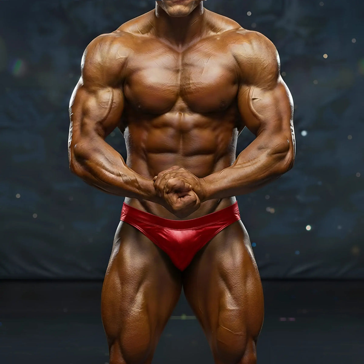 A muscular man wearing shiny red MetroMaleWear MetroMuscleWear basic competition briefs for bodybuilding