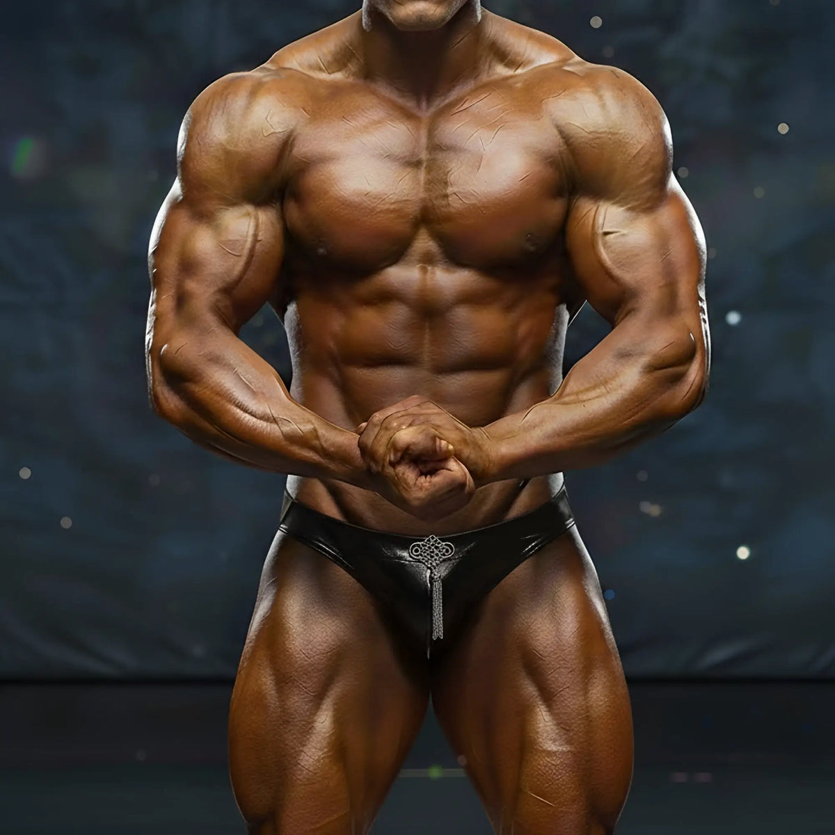 Black leather briefs with silver keyhole design front in MetroMaleWear MetroMuscleWear competition suit black 4974-20