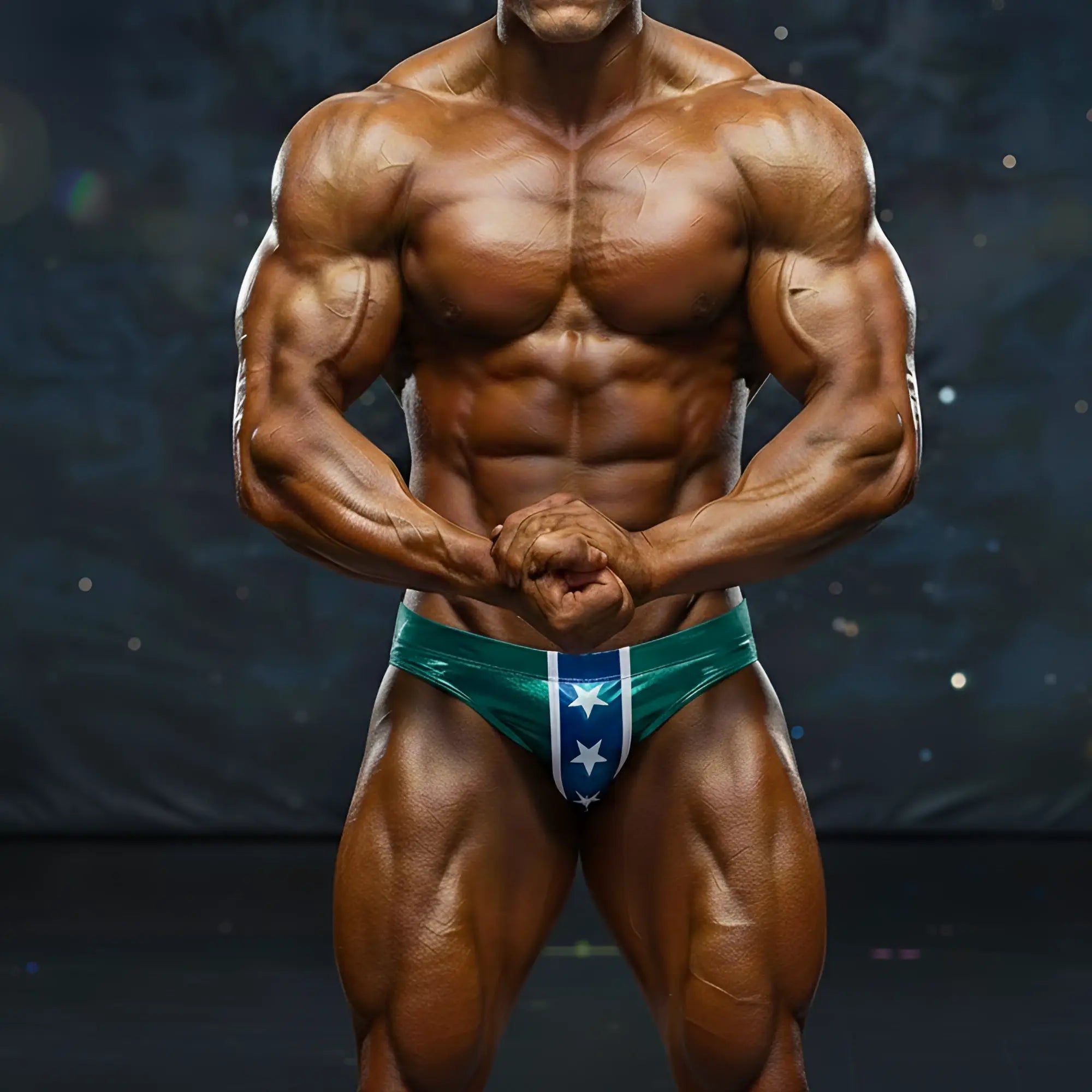 Teal and white star patterned competitive bodybuilding briefs by MetroMaleWear MetroMuscleWear for muscle competition