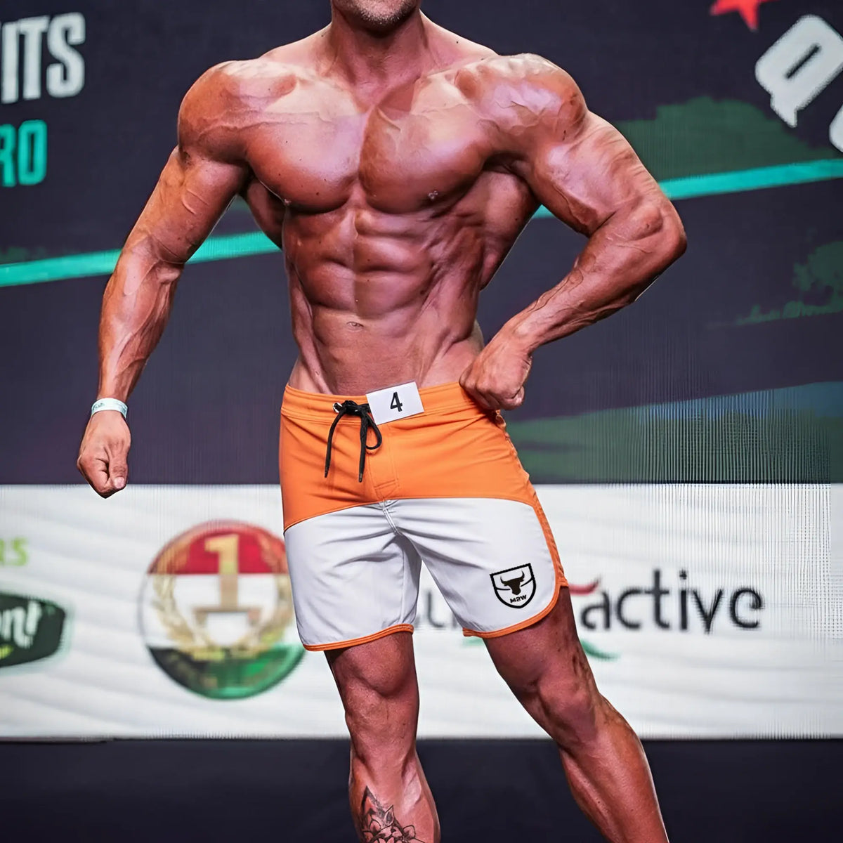 MetroMaleWear Cordoba Physique board short orange and white with black drawstring and shield logo on side