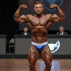Blue and white men’s bodybuilding briefs with metro muscle branding designed for athletic performance by MetroMaleWear
