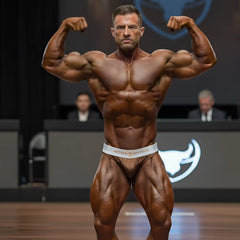 A muscular man wearing metroMalewear metroMuscleWear cortina bronze muscle trunk in white and gold patterned fabric