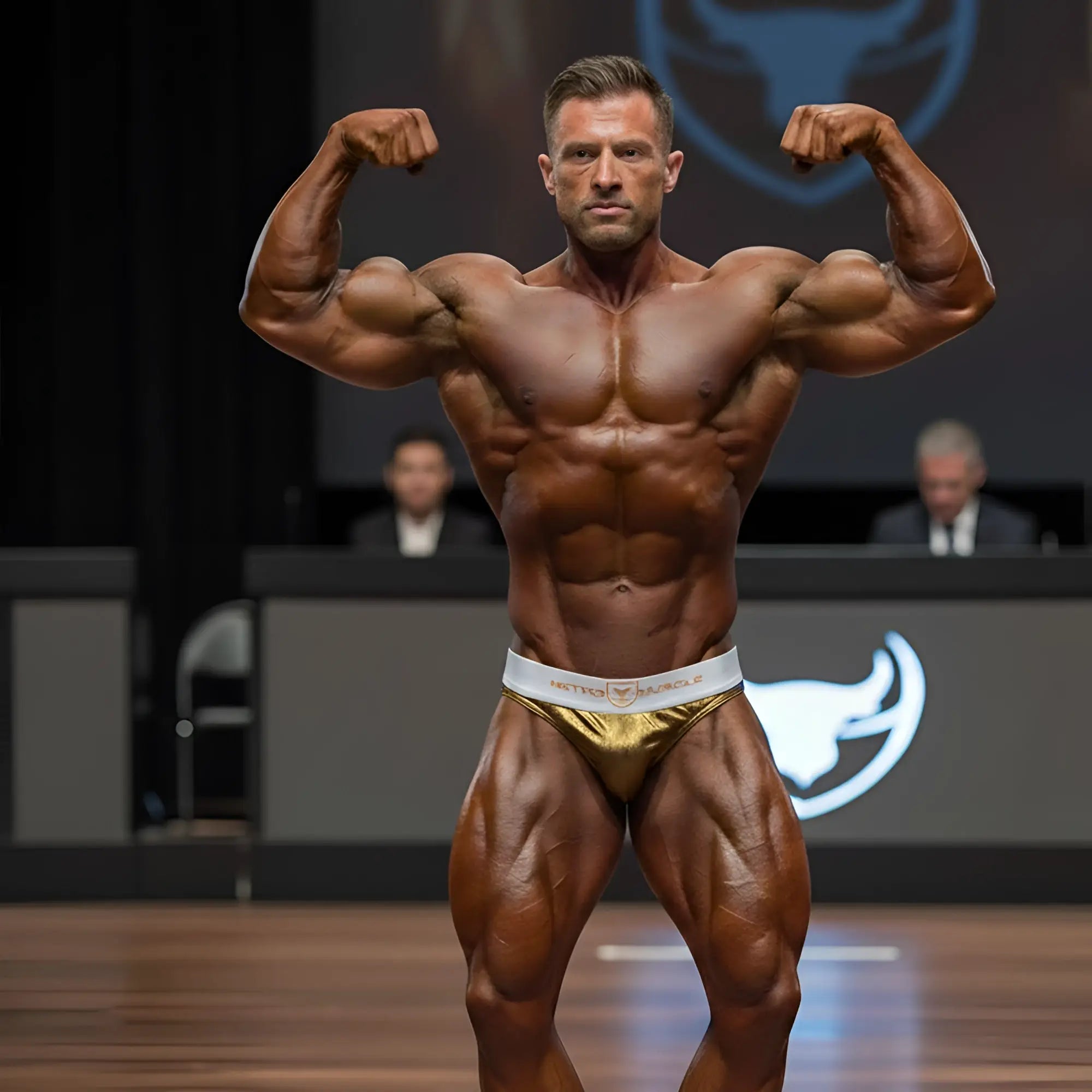 A muscular man poses confidently wearing gold and white MetroMaleWear MetroMuscleWear Cortina muscle trunk briefs